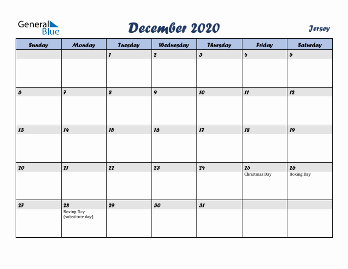 December 2020 Calendar with Holidays in Jersey
