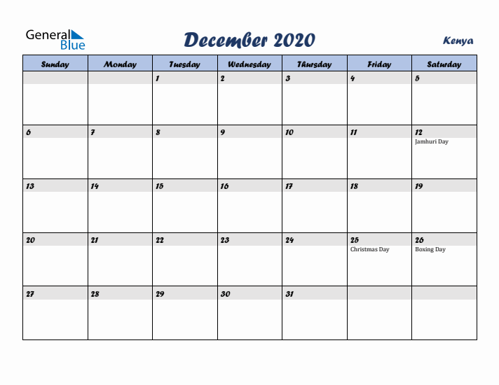 December 2020 Calendar with Holidays in Kenya