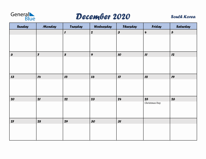 December 2020 Calendar with Holidays in South Korea