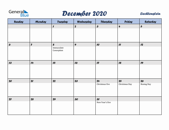December 2020 Calendar with Holidays in Liechtenstein