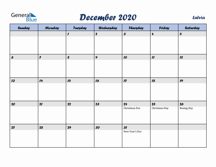 December 2020 Calendar with Holidays in Latvia