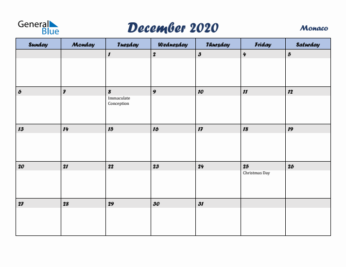 December 2020 Calendar with Holidays in Monaco