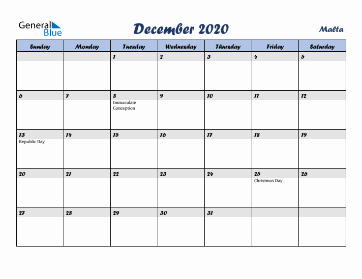 December 2020 Calendar with Holidays in Malta