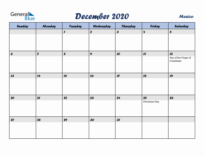 December 2020 Calendar with Holidays in Mexico