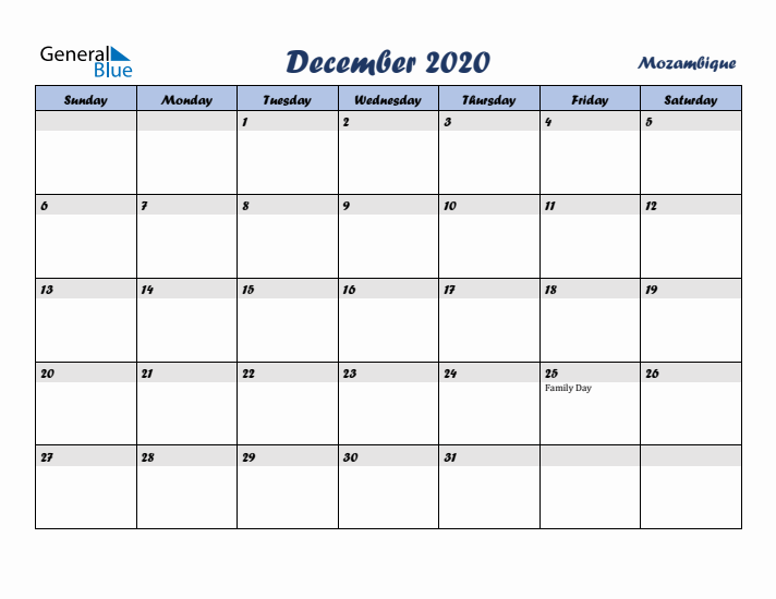 December 2020 Calendar with Holidays in Mozambique