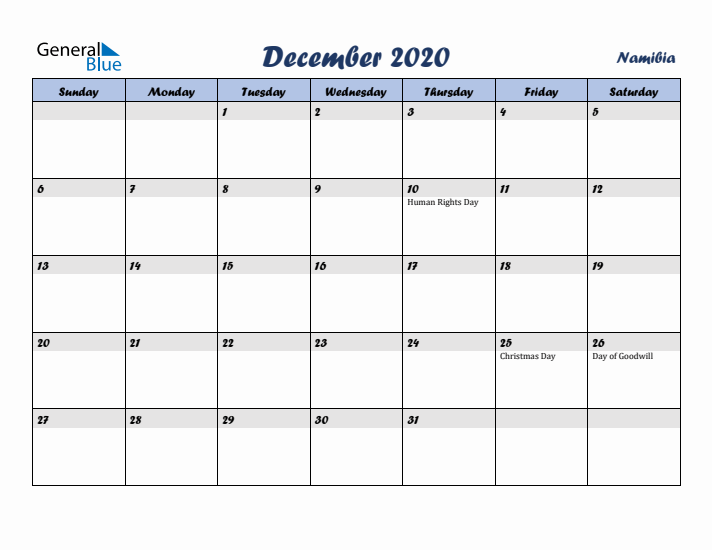 December 2020 Calendar with Holidays in Namibia