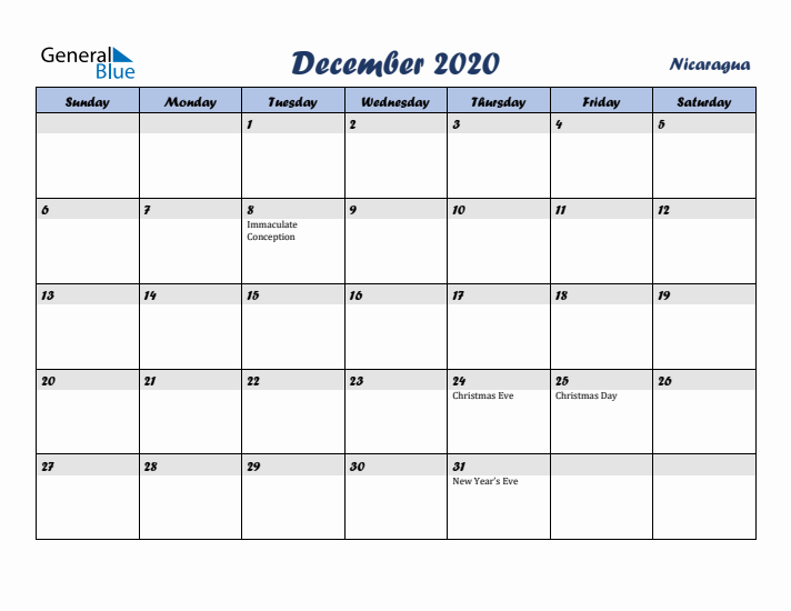 December 2020 Calendar with Holidays in Nicaragua