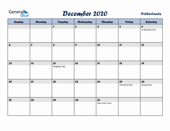December 2020 Calendar with Holidays in The Netherlands