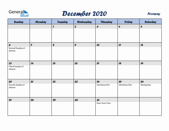 December 2020 Calendar with Holidays in Norway