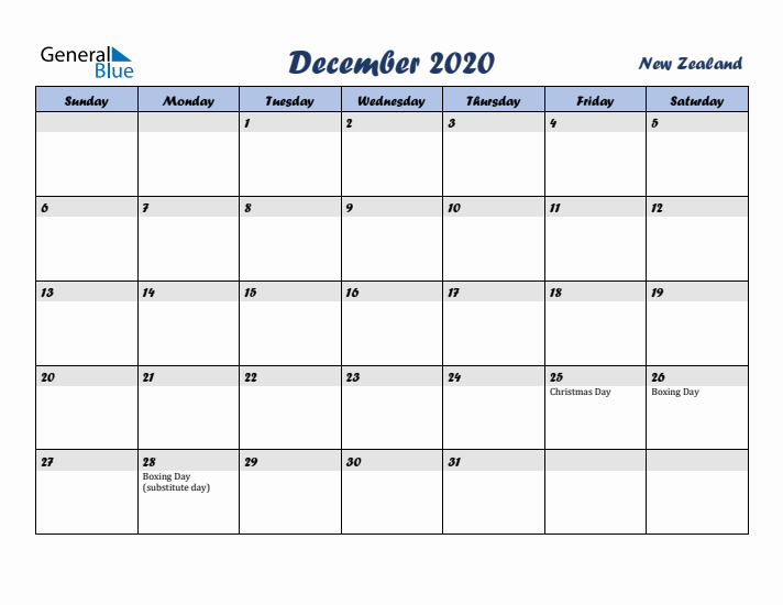 December 2020 Calendar with Holidays in New Zealand