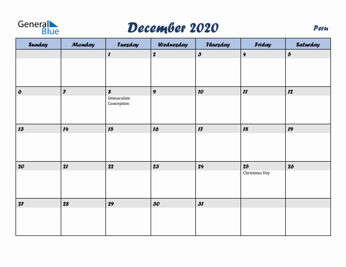 December 2020 Calendar with Holidays in Peru