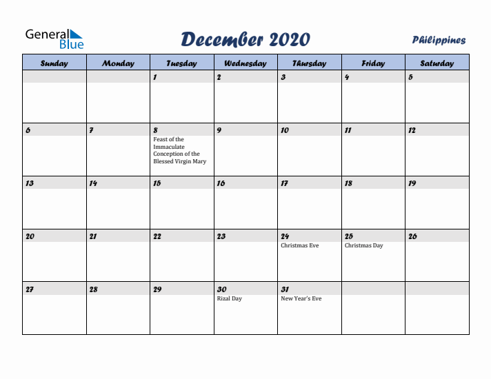 December 2020 Calendar with Holidays in Philippines