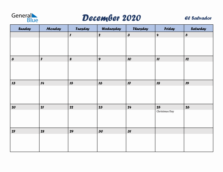 December 2020 Calendar with Holidays in El Salvador