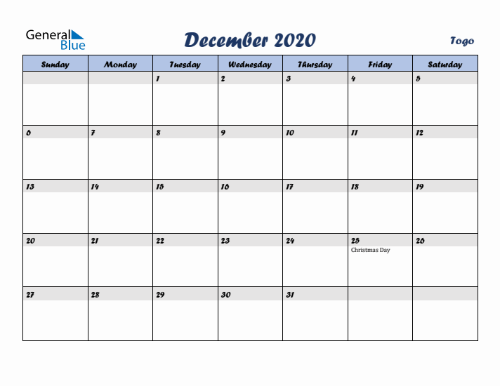 December 2020 Calendar with Holidays in Togo