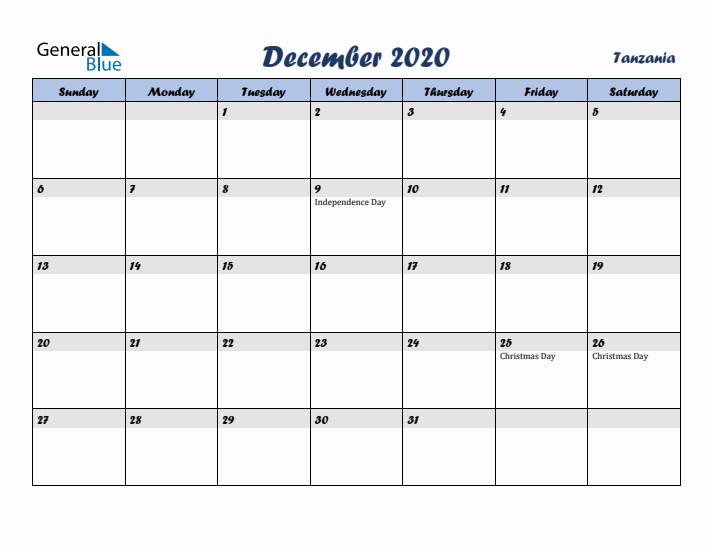 December 2020 Calendar with Holidays in Tanzania