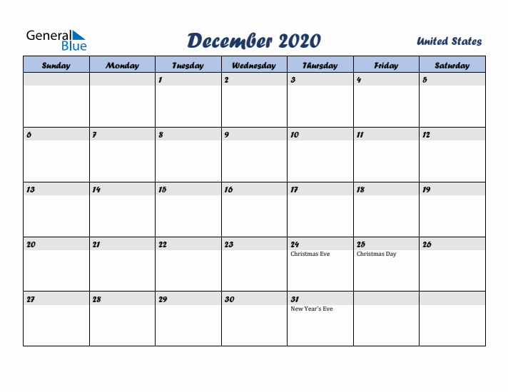 December 2020 Calendar with Holidays in United States