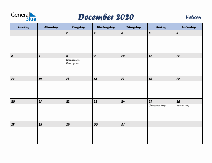 December 2020 Calendar with Holidays in Vatican