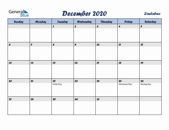 December 2020 Calendar with Holidays in Zimbabwe