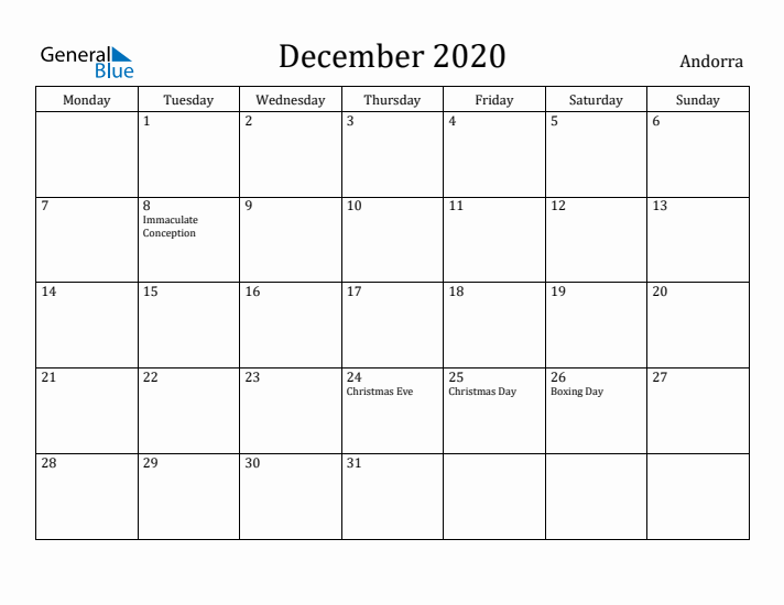 December 2020 Calendar Andorra