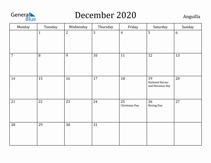 December 2020 Calendar Anguilla