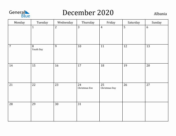 December 2020 Calendar Albania