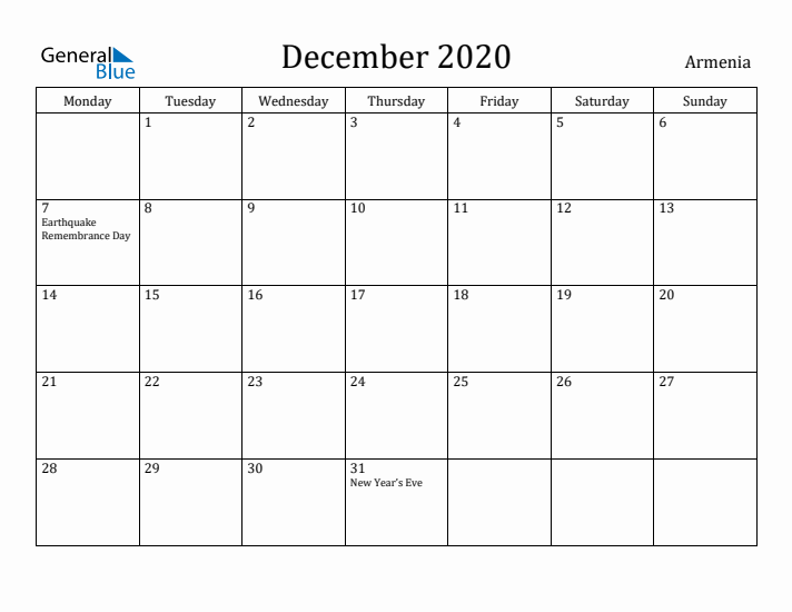 December 2020 Calendar Armenia