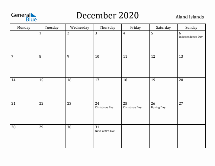 December 2020 Calendar Aland Islands