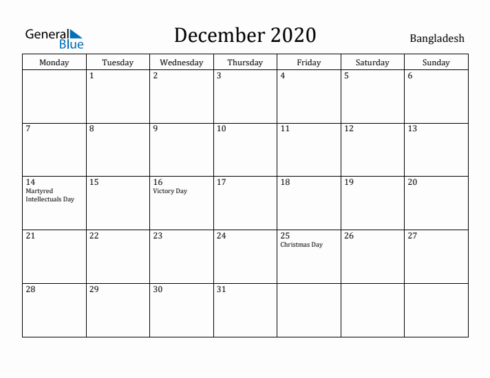 December 2020 Calendar Bangladesh