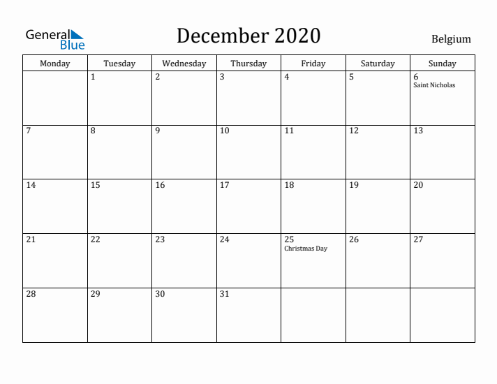 December 2020 Calendar Belgium