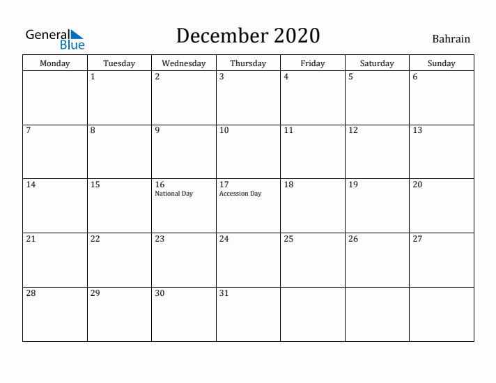 December 2020 Calendar Bahrain