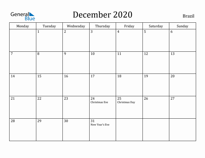 December 2020 Calendar Brazil