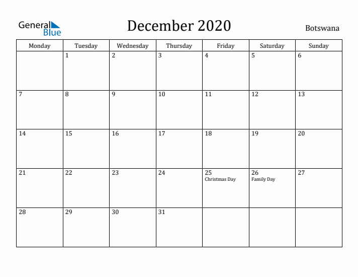 December 2020 Calendar Botswana