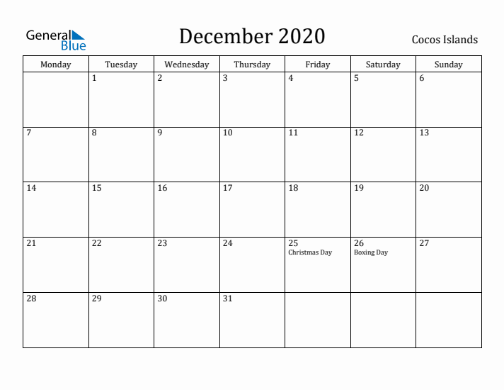 December 2020 Calendar Cocos Islands