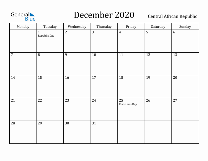 December 2020 Calendar Central African Republic