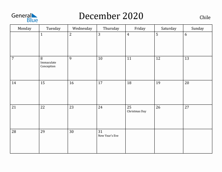 December 2020 Calendar Chile