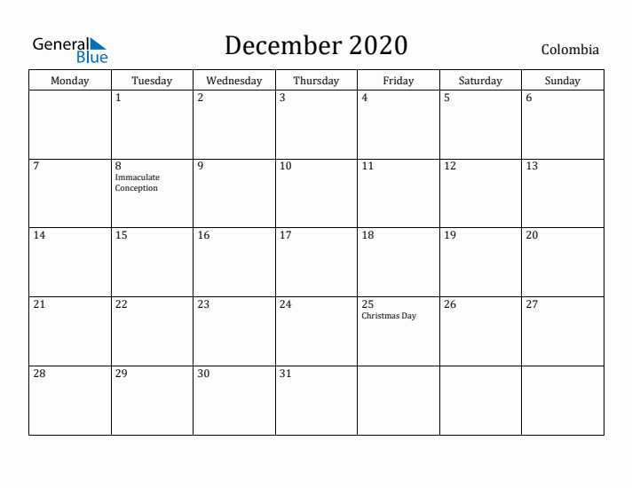 December 2020 Calendar Colombia