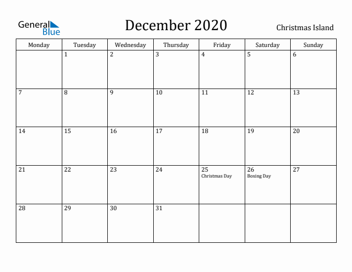 December 2020 Calendar Christmas Island