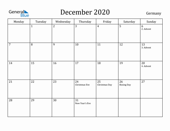 December 2020 Calendar Germany