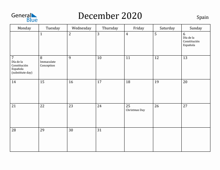 December 2020 Calendar Spain