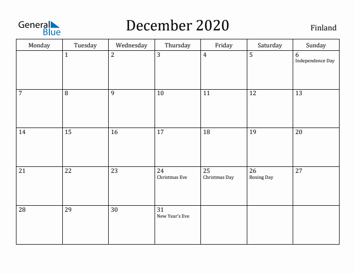 December 2020 Calendar Finland