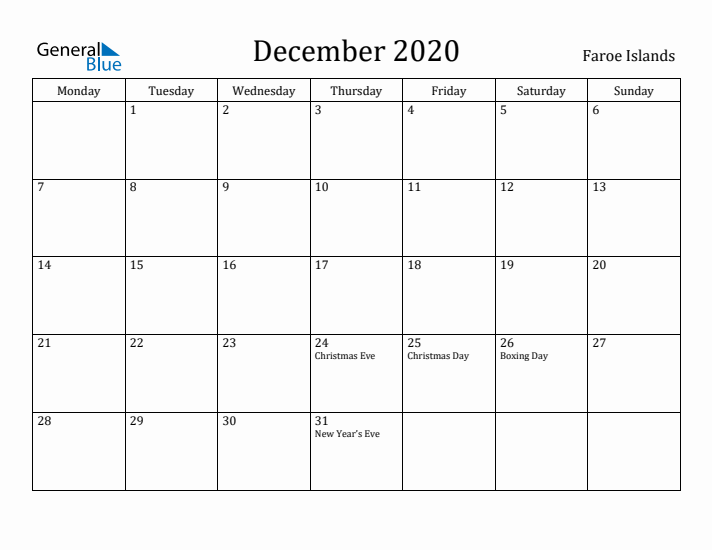 December 2020 Calendar Faroe Islands