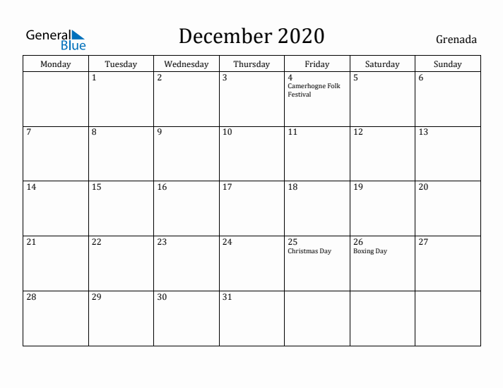 December 2020 Calendar Grenada