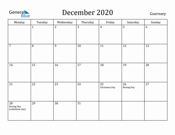 December 2020 Calendar Guernsey