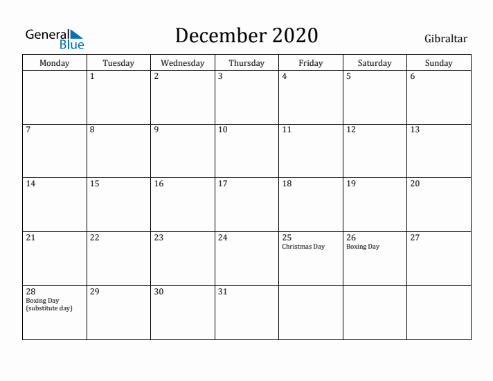 December 2020 Calendar Gibraltar