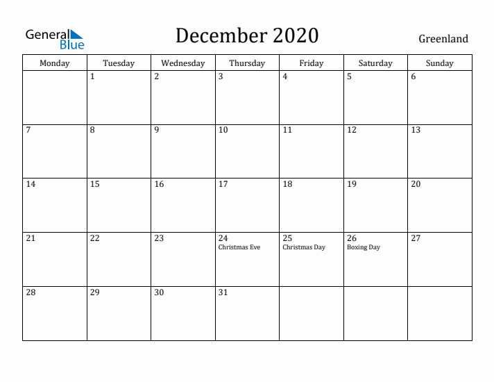 December 2020 Calendar Greenland