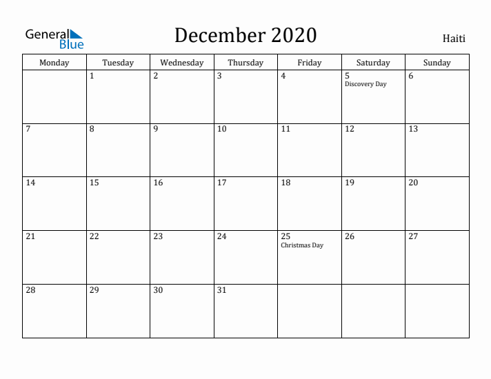December 2020 Calendar Haiti