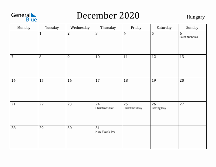 December 2020 Calendar Hungary