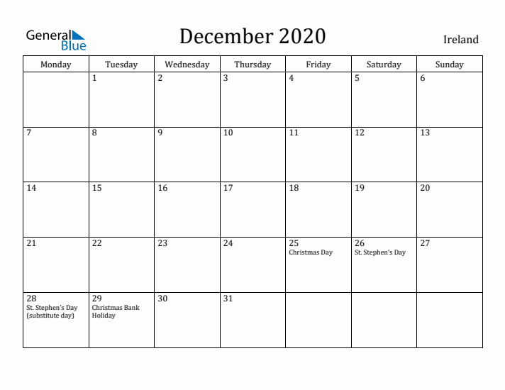 December 2020 Calendar Ireland