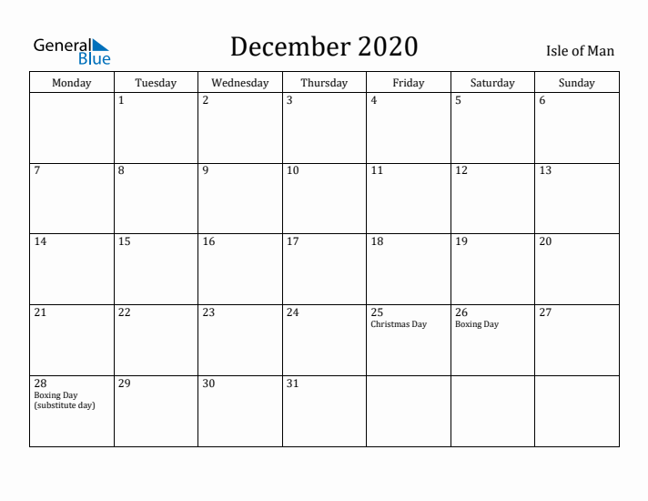 December 2020 Calendar Isle of Man