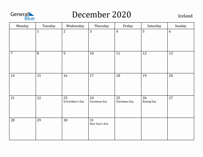 December 2020 Calendar Iceland